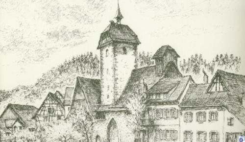 Storchenturm Storchenturm und angrenzende Teile der Altstadt als Radierung