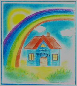 gemaltes Bild, Logo "Villa Regenbogen" Haus mit Regenbogen darüber