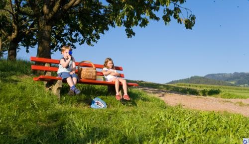 2 Kinder sitzen auf einer Bank in der Natur mit Picknickkorb