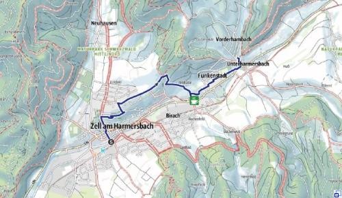 Karte der Stadt Zell und Unterharmersbach mit eingezeichnetem Spazierweg